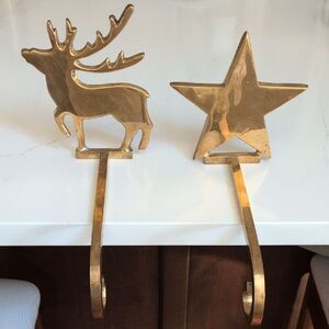 Solid Brass Reindeer and Star Christmas Stocking Holder Hooks Set of 2 Vintage